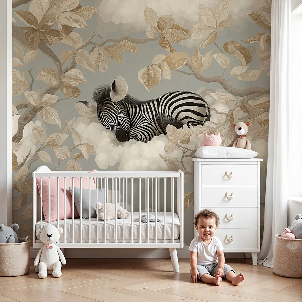**Soveroms tapet til baby | Sovende babysebra blant skyer og blader**