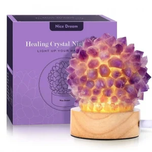 Stor og flott håndlaget RÅ Ametyst Crystal Sphere Lamp m/trebase og usb, ca. 11x8cm