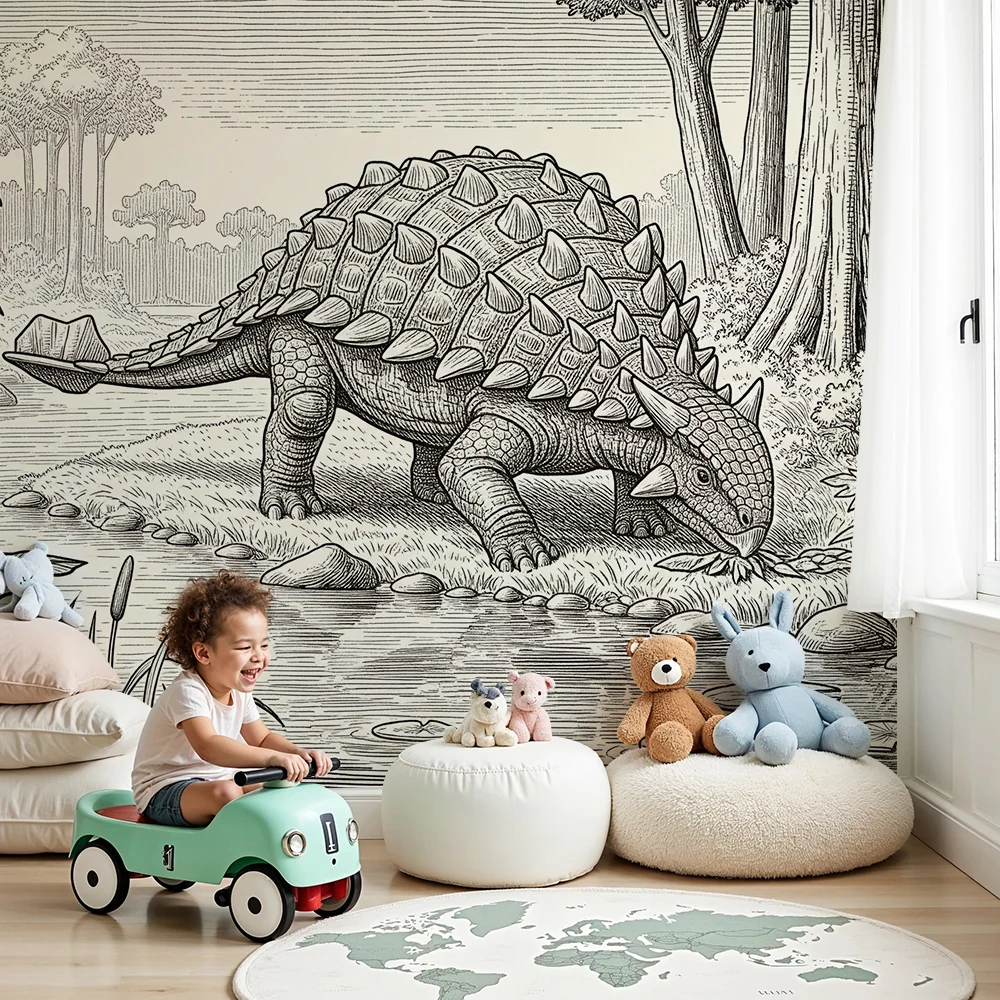 Tapet barnerom | Ankylosaurus dinosaur ved vannkanten i en forhistorisk jungel