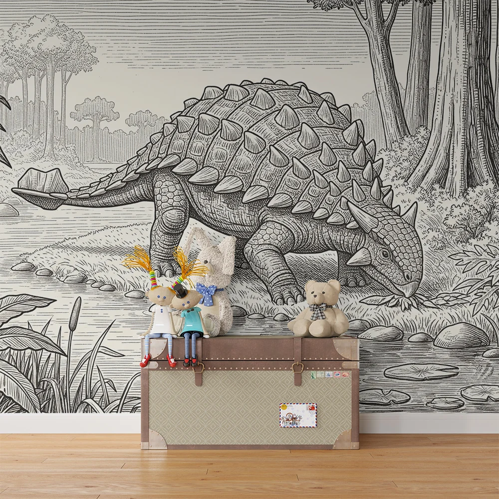 Tapet barnerom | Ankylosaurus dinosaur ved vannkanten i en forhistorisk jungel