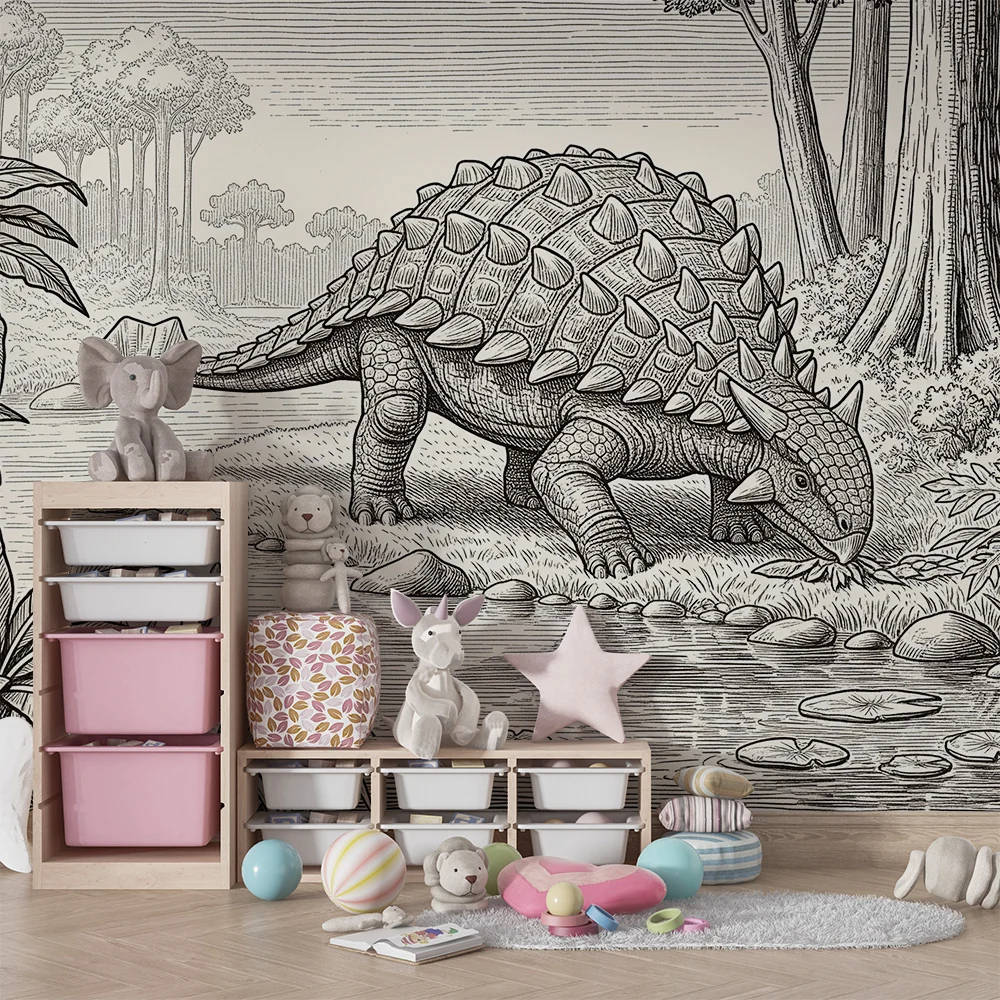 Tapet barnerom | Ankylosaurus dinosaur ved vannkanten i en forhistorisk jungel