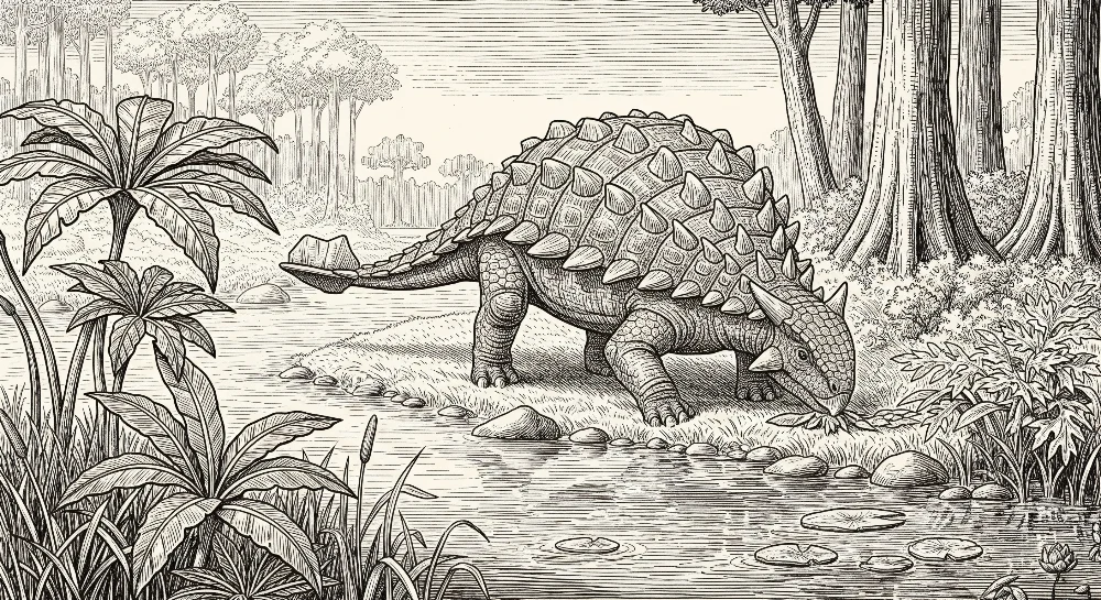 Tapet barnerom | Ankylosaurus dinosaur ved vannkanten i en forhistorisk jungel