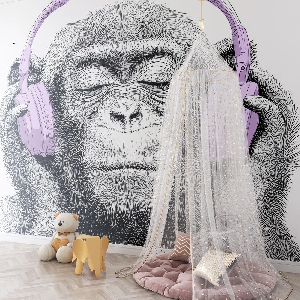 Tapet barnerom | Ape som hører på musikk med rosa hodetelefoner
