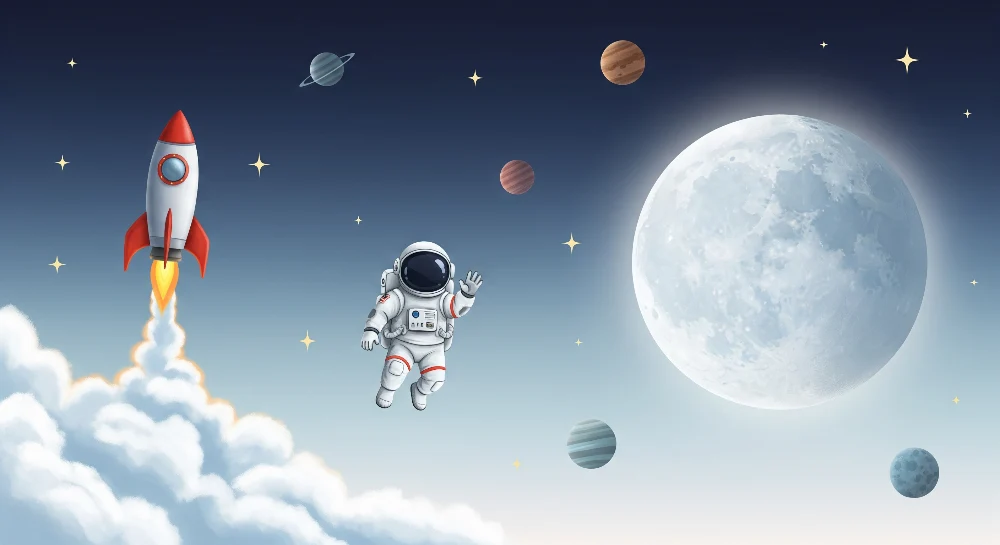 Tapet barnerom | Astronaut og rakett i en blå gradient stjernehimmel