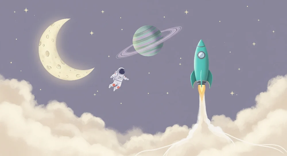 Tapet barnerom | Astronaut og rakett i en lilla himmel