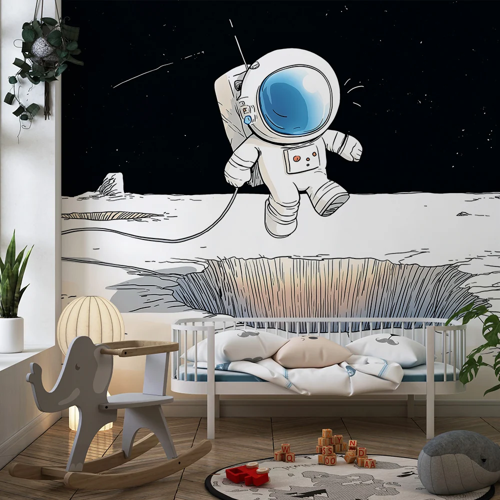 Tapet barnerom | Astronaut som utforsker månen med fargerike kratre