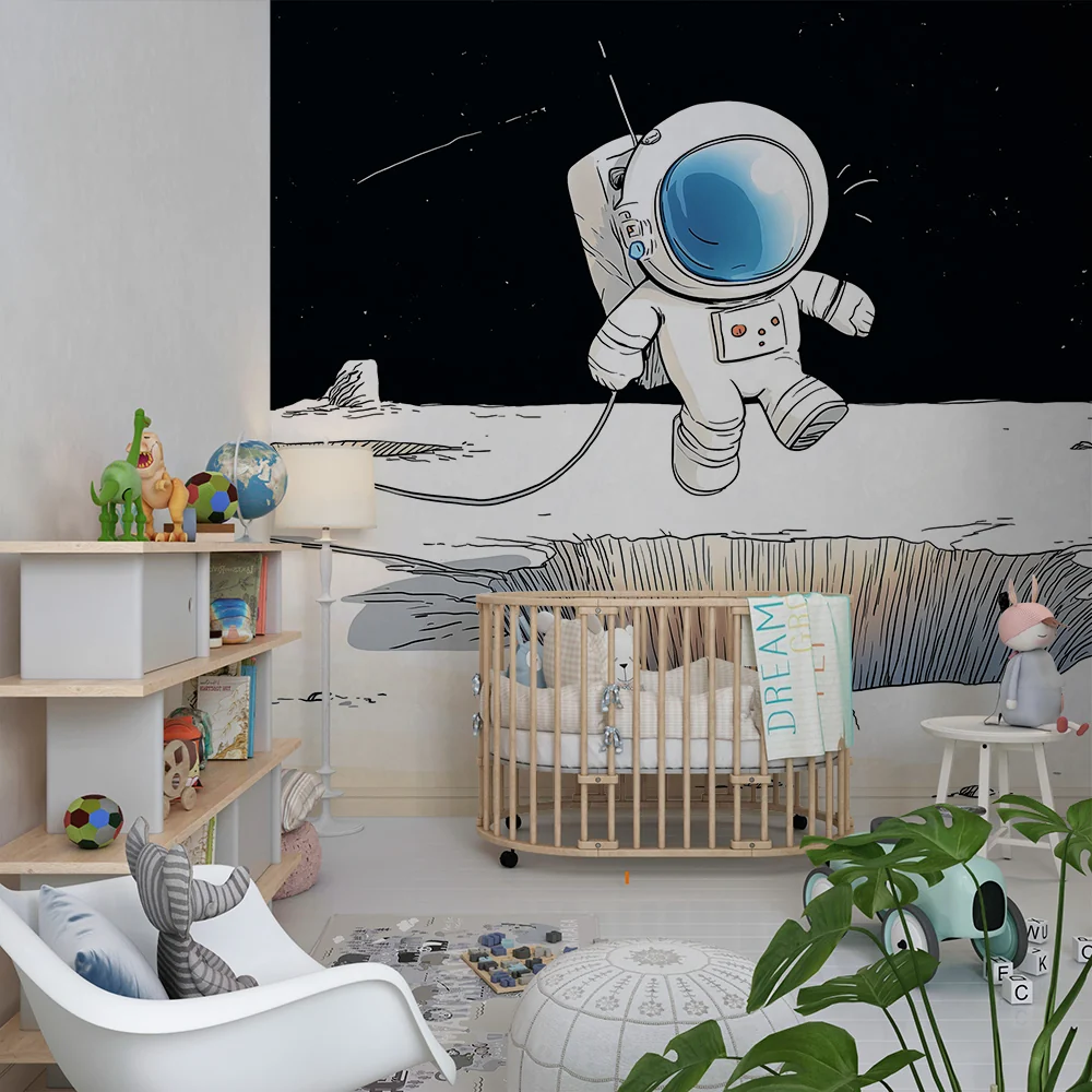 Tapet barnerom | Astronaut som utforsker månen med fargerike kratre