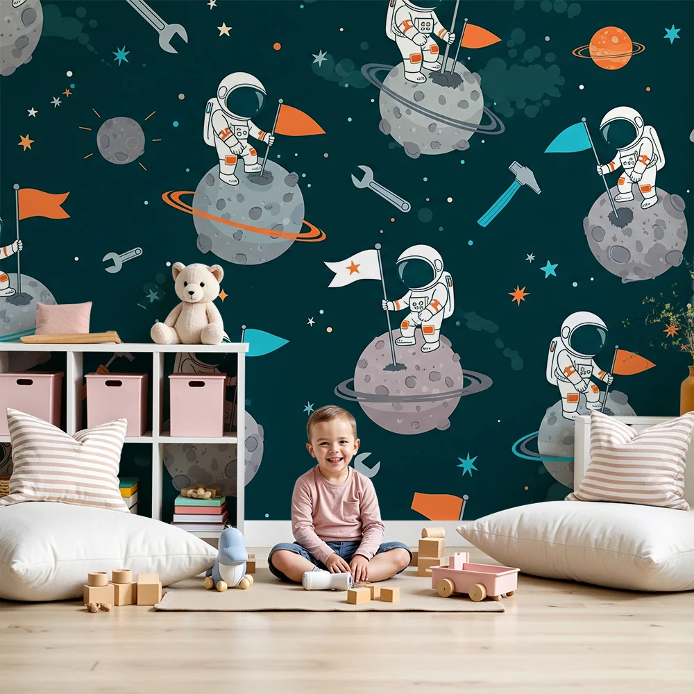 Tapet barnerom | Astronauter utforsker rommet med fargerike flagg