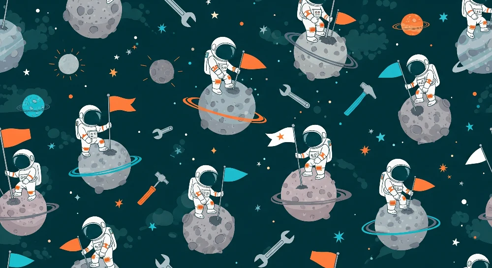 Tapet barnerom | Astronauter utforsker rommet med fargerike flagg