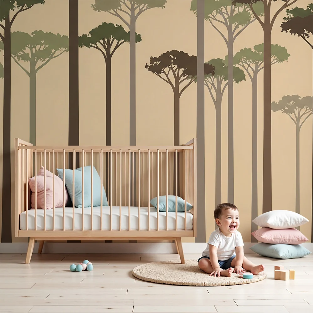 Tapet barnerom | Beroligende skog med elegante tretresilhuetter
