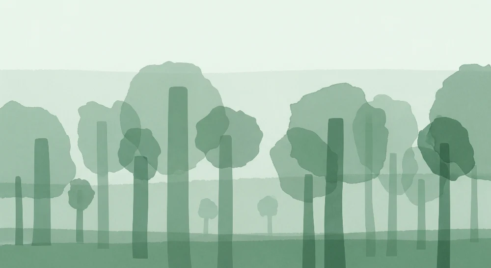 Tapet barnerom | Beroligende skog med stiliserte trær i grønne nyanser