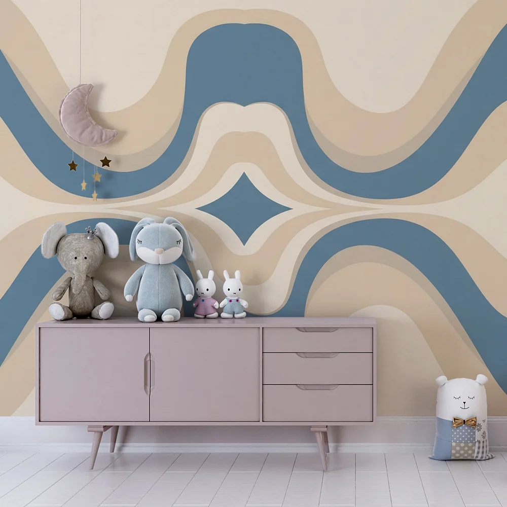 Tapet barnerom | Bølgete mønster i blått og beige en moderne stemning