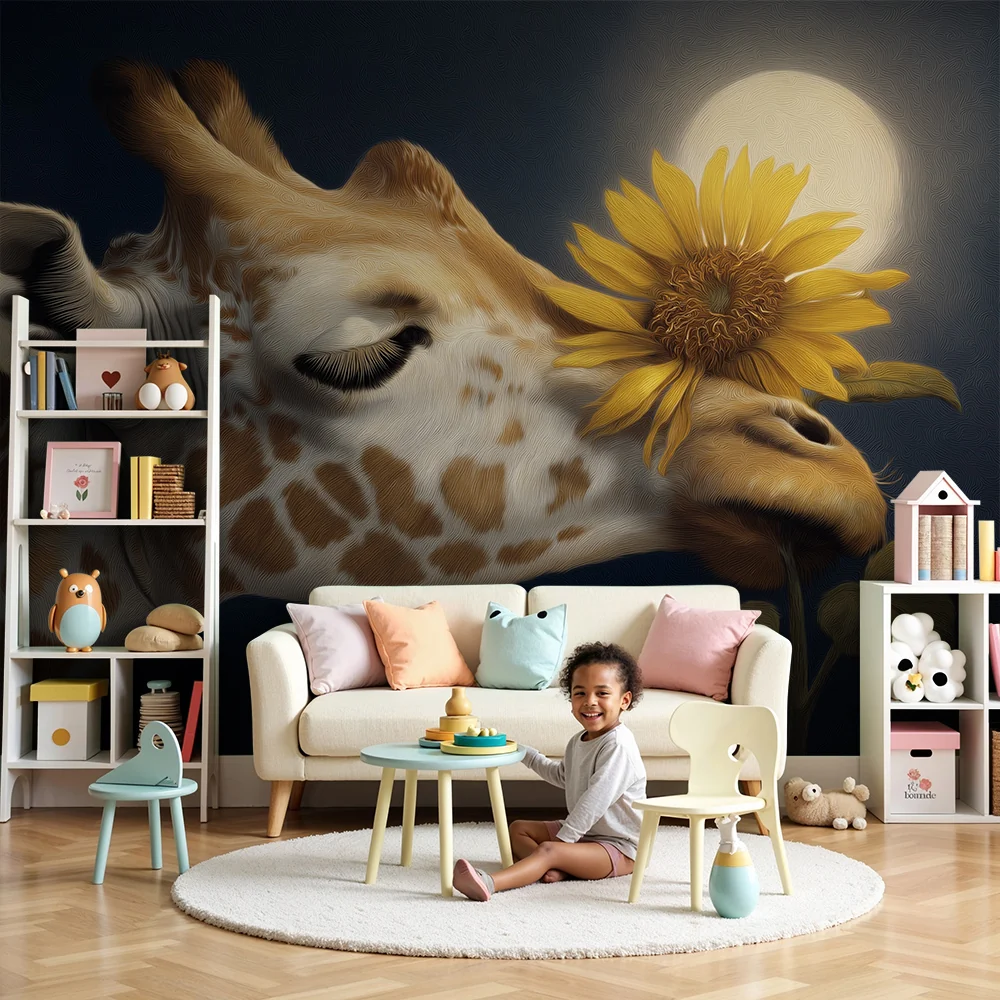 Tapet barnerom | Delikat giraff med en solsikke under månen