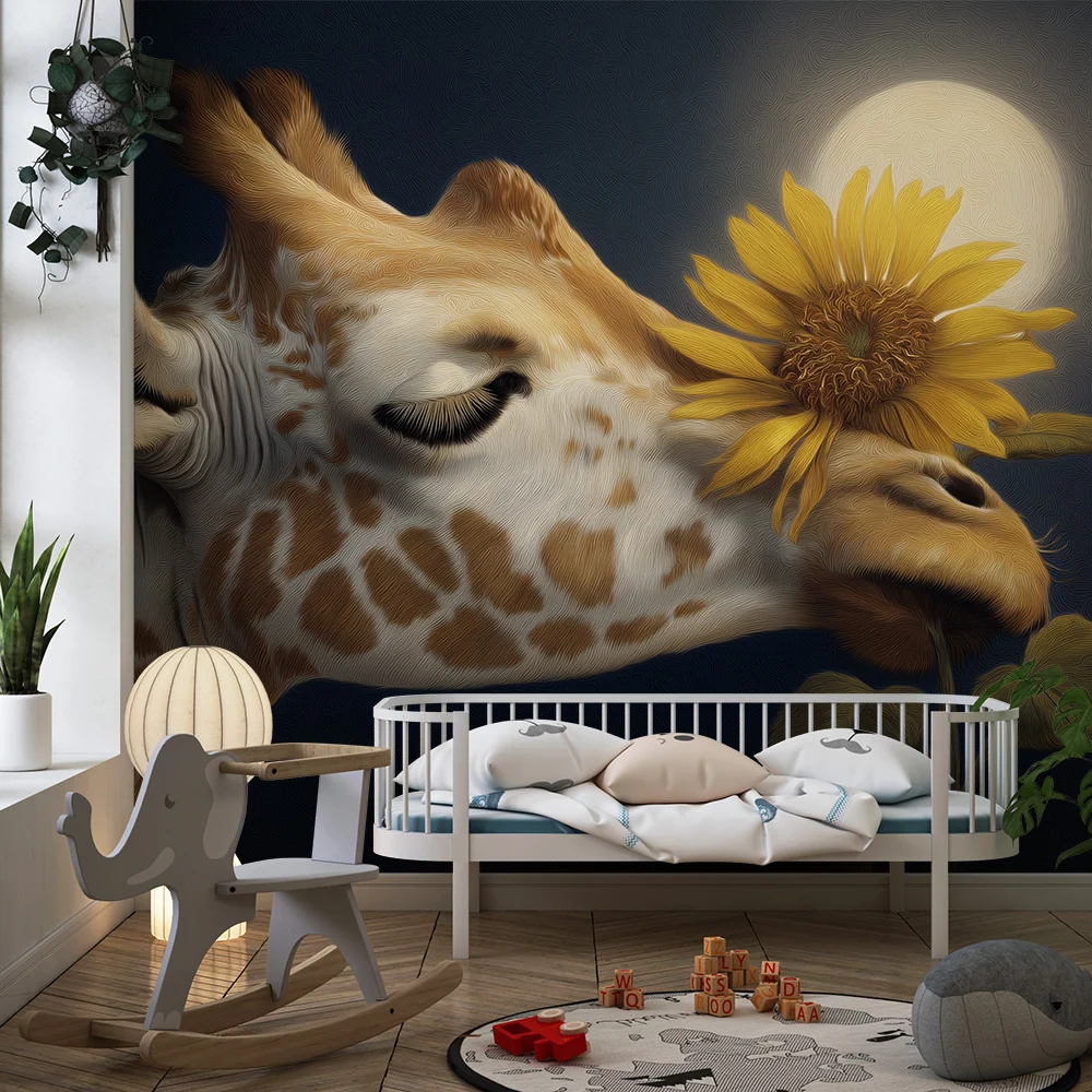 Tapet barnerom | Delikat giraff med en solsikke under månen