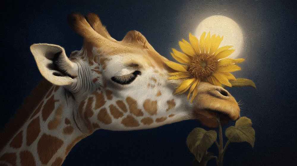 Tapet barnerom | Delikat giraff med en solsikke under månen