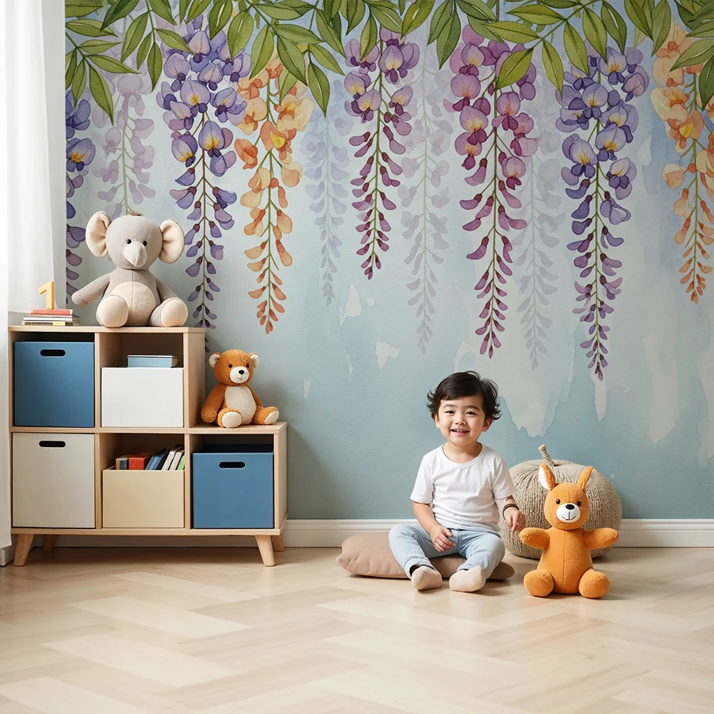 Tapet barnerom | Delikate blåregnblomster på akvarellbakgrunn