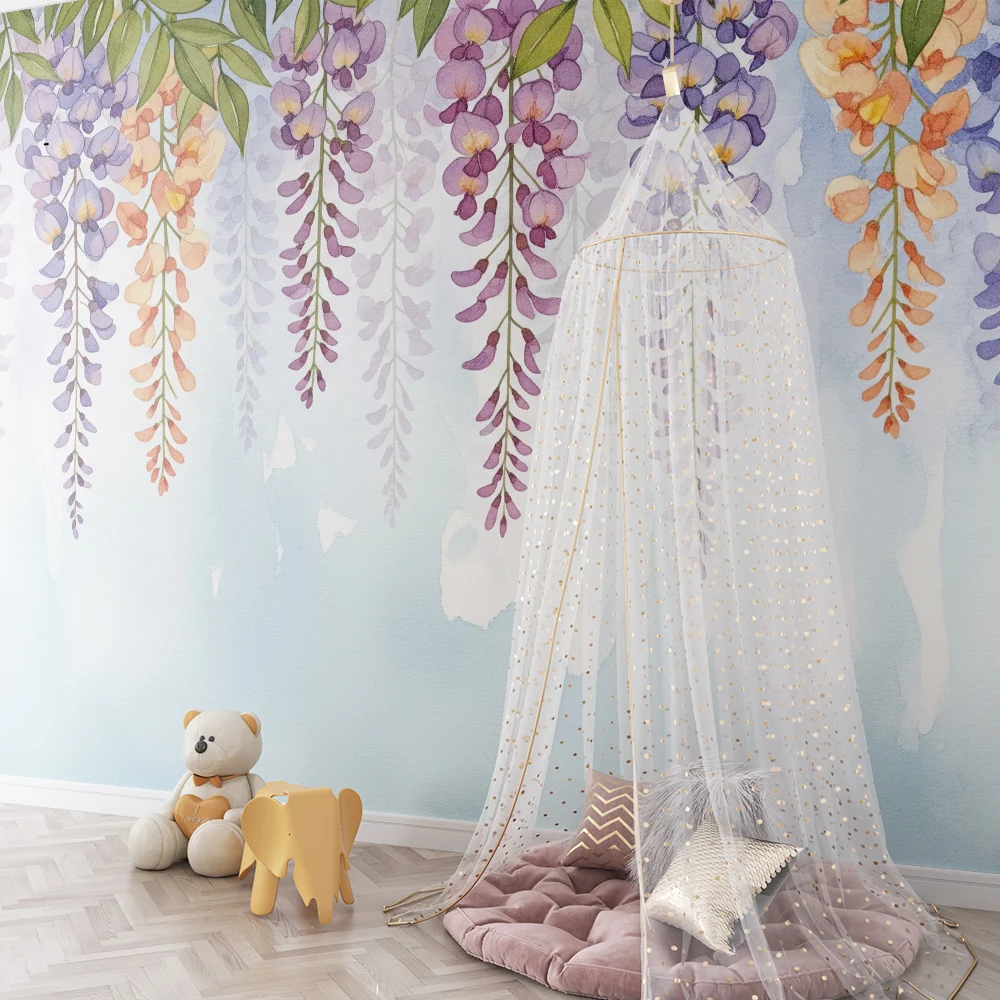 Tapet barnerom | Delikate blåregnblomster på akvarellbakgrunn
