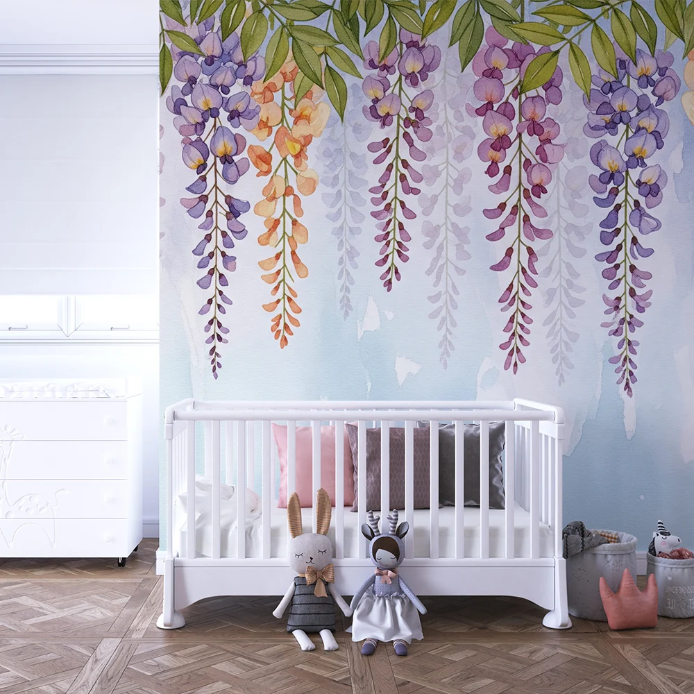 Tapet barnerom | Delikate blåregnblomster på akvarellbakgrunn