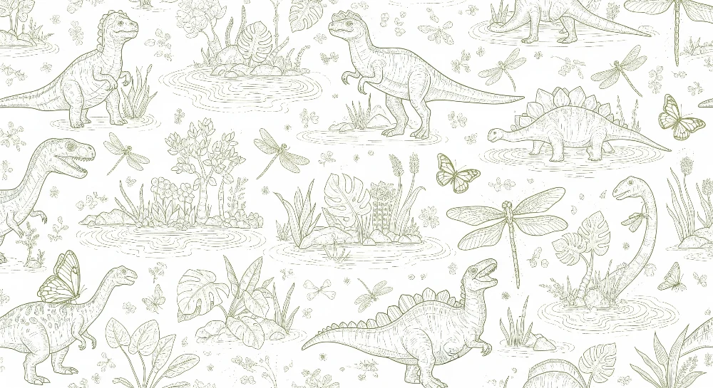 Tapet barnerom | Dinosaur og natur med delikate mønstre