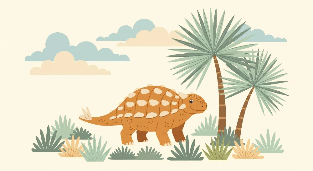 Tapet barnerom | Søt dinosaurus i en tropisk landskap