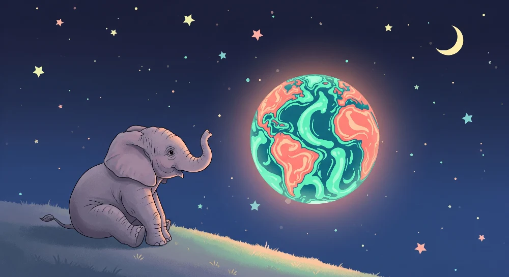 Tapet barnerom | Drømmende elefant under stjernene og fargerik planet