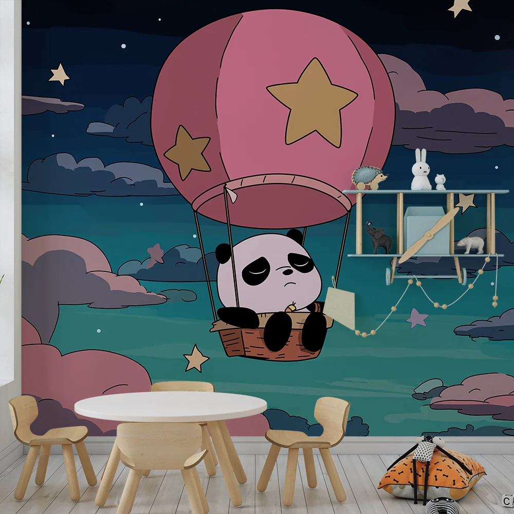 Tapet barnerom | Drømmende panda i en ballong i måneskinn