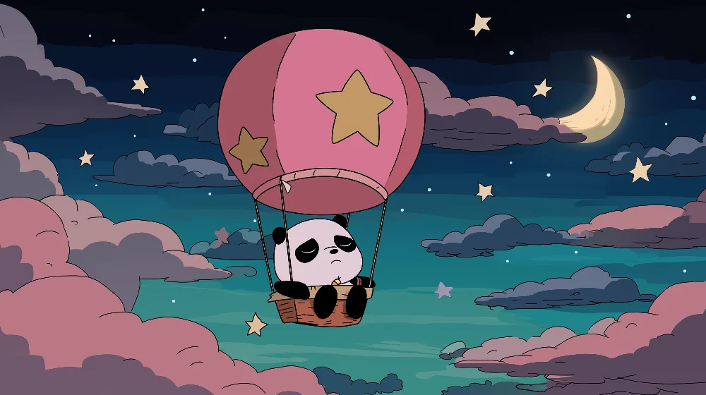 Tapet barnerom | Drømmende panda i en ballong i måneskinn