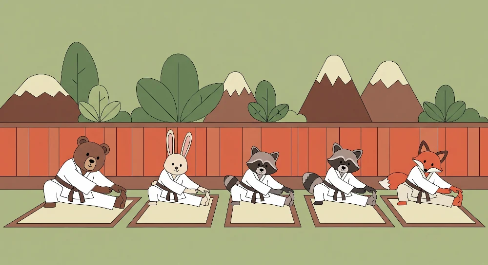 Tapet barnerom | Dyr i karate på bakgrunn av fjell