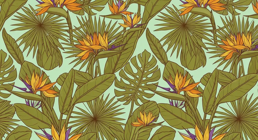 Tapet barnerom | Eksotiske blomster og tropisk løvverk på pastellfarget bakgrunn