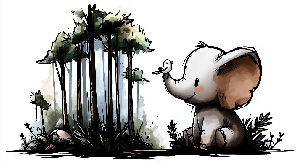 Tapet barnerom | Søt elefant og fugl i en fortryllet skog