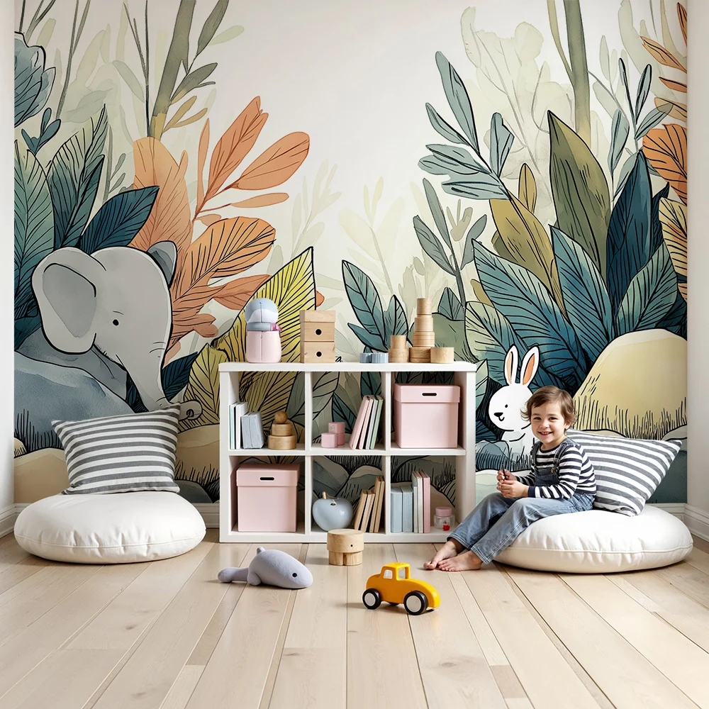 Tapet barnerom | Elefant og kanin mellom steiner og løvverk