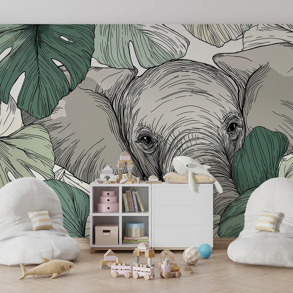 Tapet barnerom | Elefant skjult blant tropiske blader