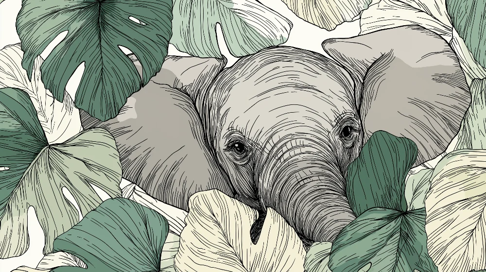 Tapet barnerom | Elefant skjult blant tropiske blader