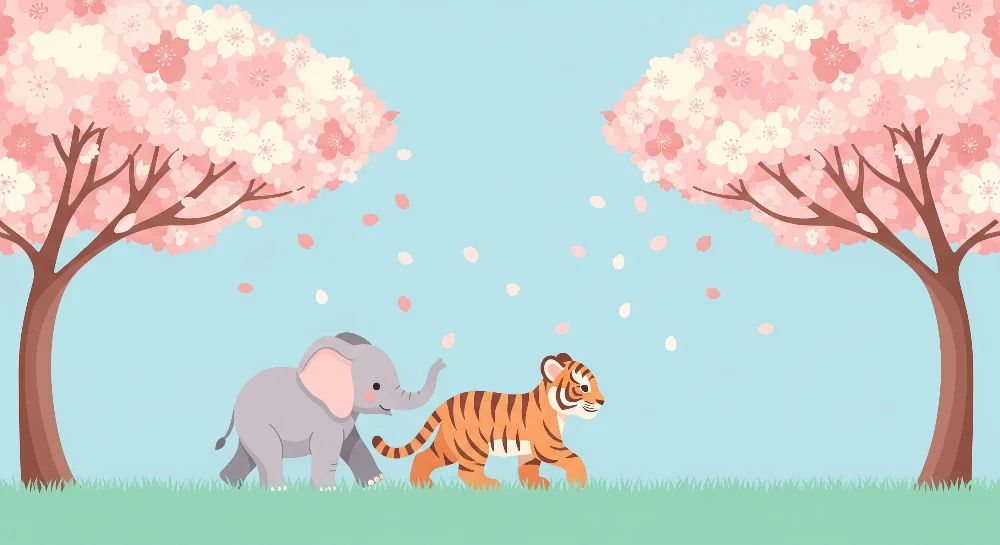 Tapet barnerom | Elefant og tiger under blomstrende kirsebærtrær