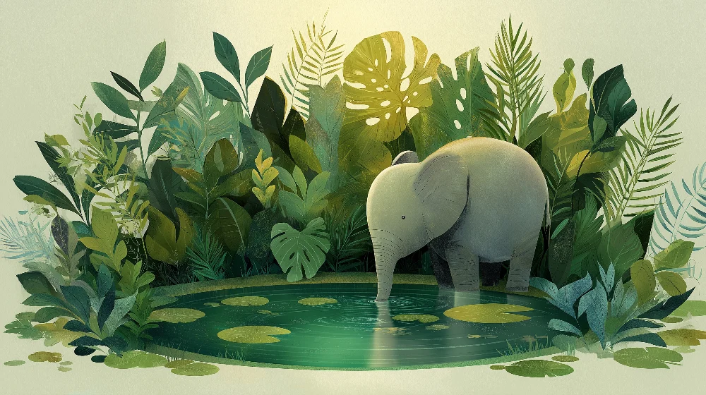 Tapet barnerom | Søt elefant ved en dam omgitt av frodig løvverk