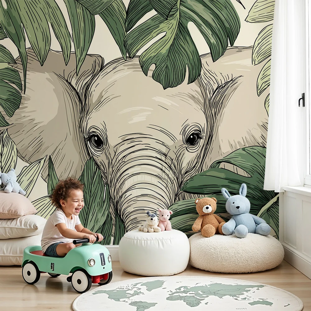 Tapet barnerom | Elegant elefant skjult blant tropiske blader