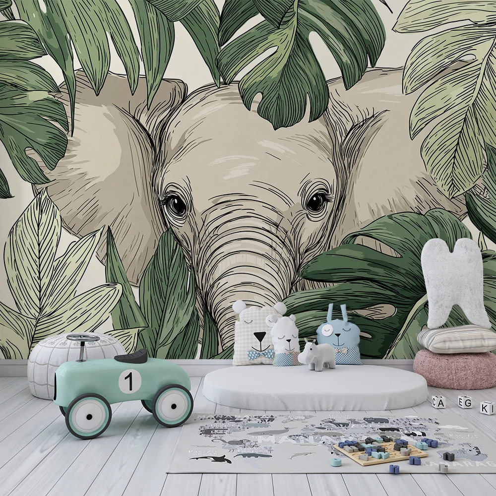 Tapet barnerom | Elegant elefant skjult blant tropiske blader