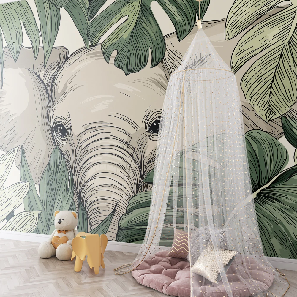 Tapet barnerom | Elegant elefant skjult blant tropiske blader