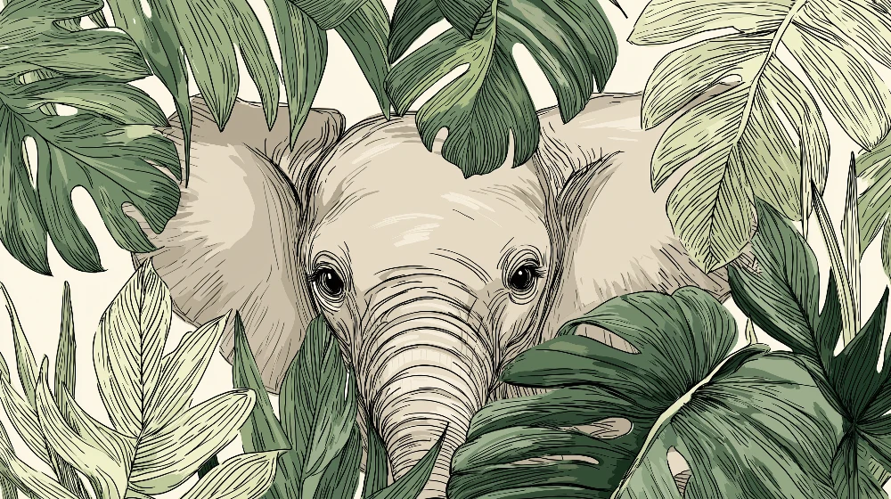 Tapet barnerom | Elegant elefant skjult blant tropiske blader