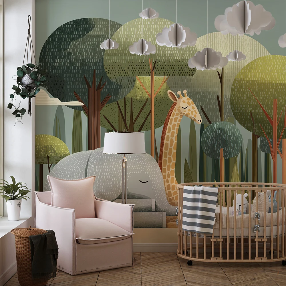 Tapet barnerom | Elegant giraff og elefant midt i jungelen