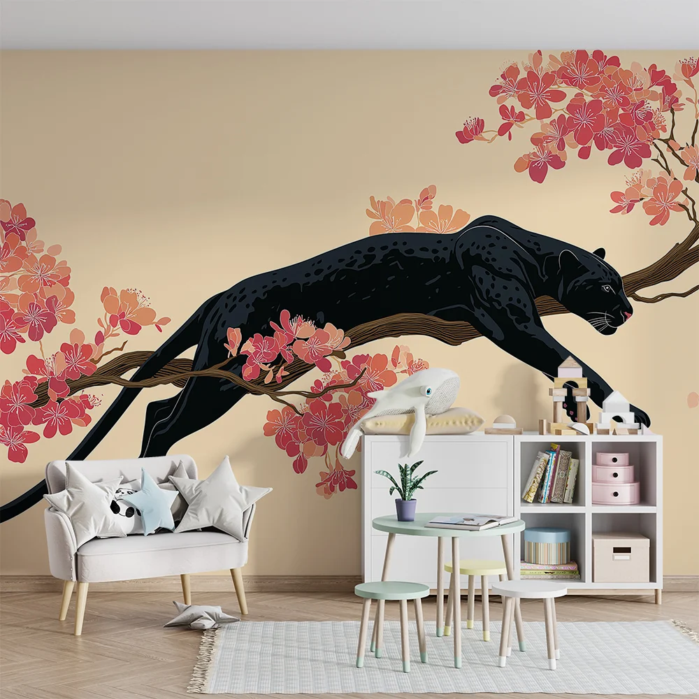Tapet barnerom | Elegant panter på en blomstrende gren