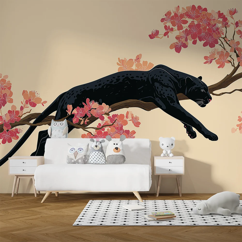 Tapet barnerom | Elegant panter på en blomstrende gren