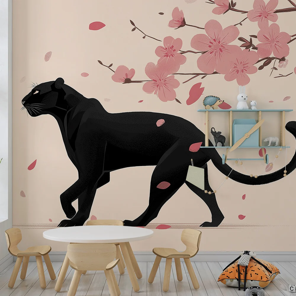Tapet barnerom | Elegant panter under kirsebærblomstene