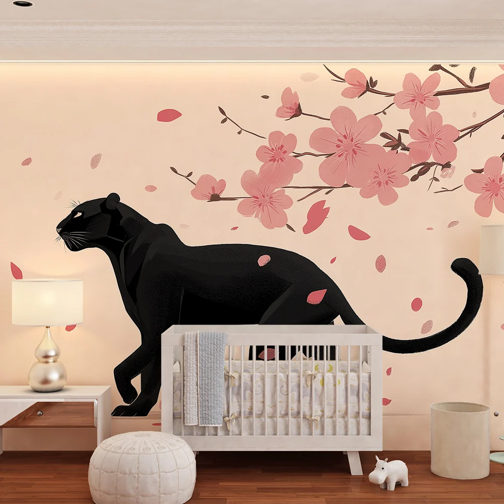 Tapet barnerom | Elegant panter under kirsebærblomstene
