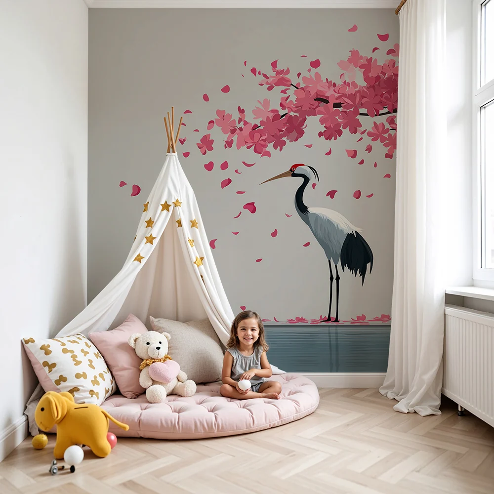 Tapet barnerom | Elegant trane under et blomstrende kirsebærtre