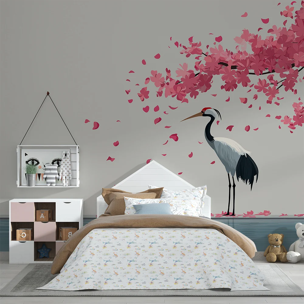 Tapet barnerom | Elegant trane under et blomstrende kirsebærtre