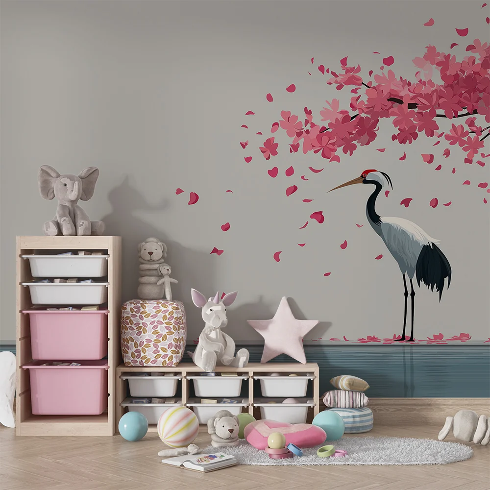 Tapet barnerom | Elegant trane under et blomstrende kirsebærtre