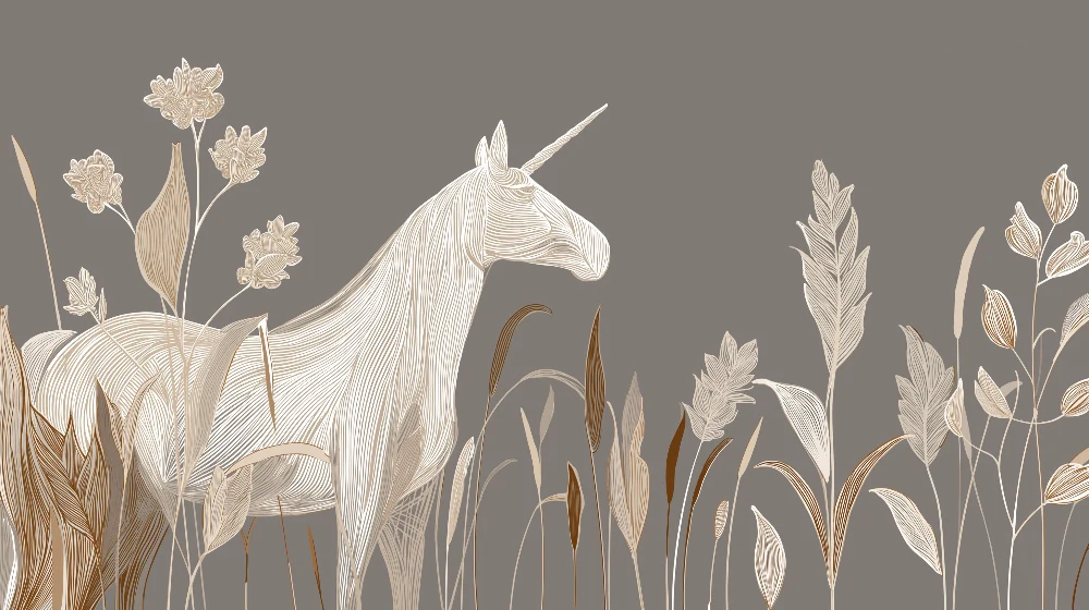 Tapet barnerom | Elegante enhjørning omgitt av delikate blomster i line art