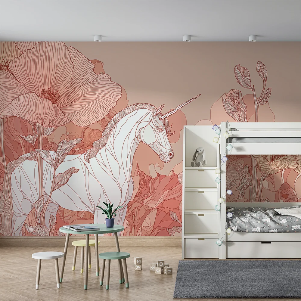 Tapet barnerom | Elegante enhjørning omgitt av delikate blomster