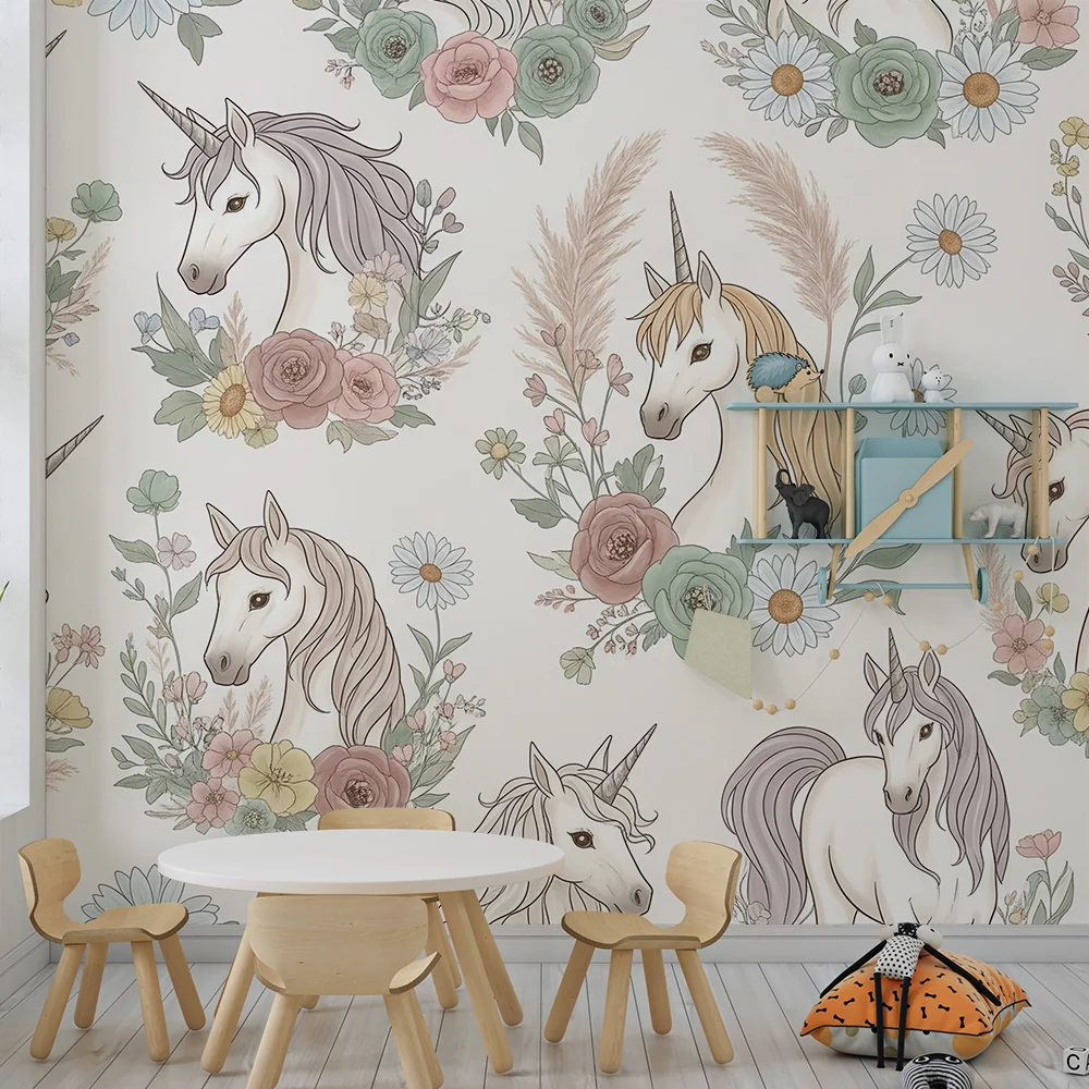 Tapet barnerom | Elegante enhjørninger omgitt av delikate blomster